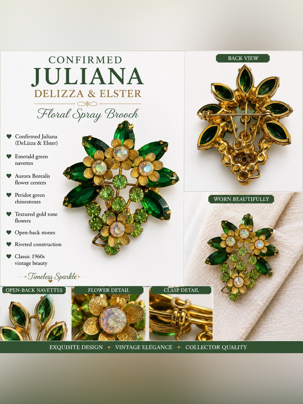 Juliana D&E Green Confirmed Floral Spray Brooch – Gold Tone Vintage